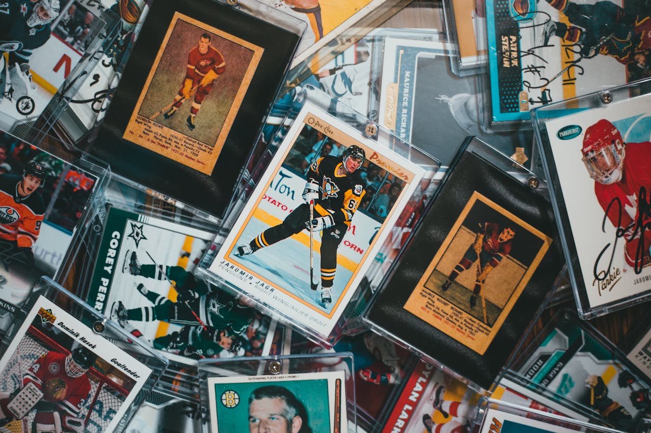 Home A close-up view of assorted vintage and modern hockey trading cards.